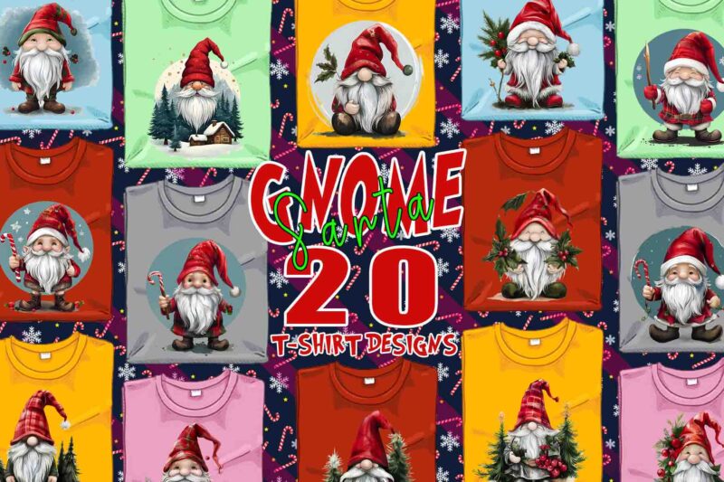 Trendy Gnome Santa Claus Christmas t-shirt design bundle of 20 designs – download instantly Retro Vintage Illustration T-shirt Clipart Bundl