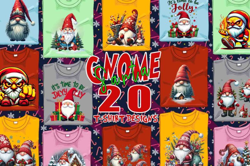 Retro Gnome Santa Claus Christmas t-shirt design bundle of 20 designs – download instantly Retro Vintage T-shirt Illustration Clipart Bundle