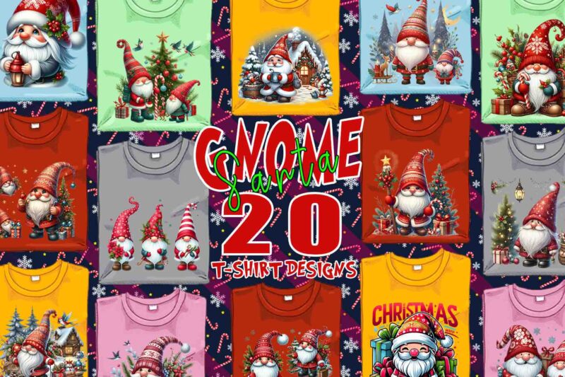 Colourful Gnome Santa Claus Christmas t-shirt design bundle of 20 designs – download instantly Retro Vintage T-shirt Illustration