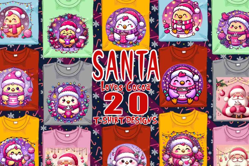 Santa Claus Drinking Cocoa t-shirt design bundle of 20 png & jpeg designs – download instantly Retro Vintage T-shirt Design Illustration