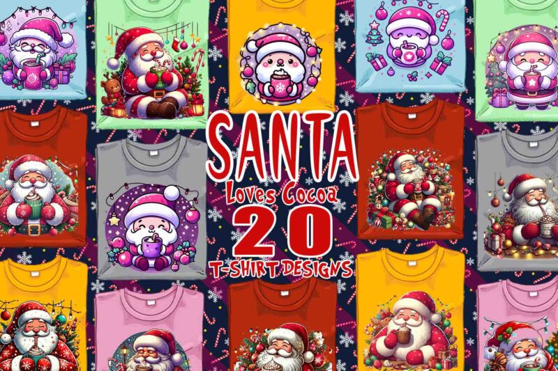 Santa Claus Drinking Cocoa t-shirt design bundle of 20 png & jpeg designs – download instantly Retro Vintage T-shirt