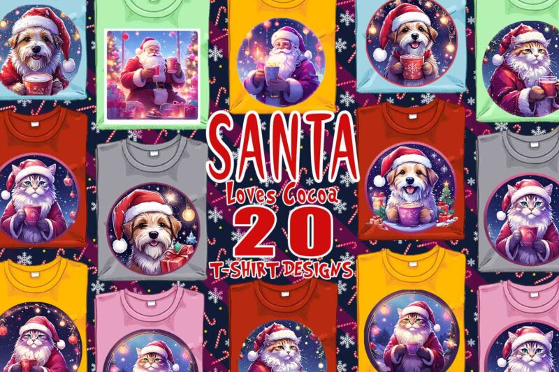 Colourful Santa Claus Cocoa Party t-shirt design bundle of 20 designs – download instantly Retro Vintage T-shirt