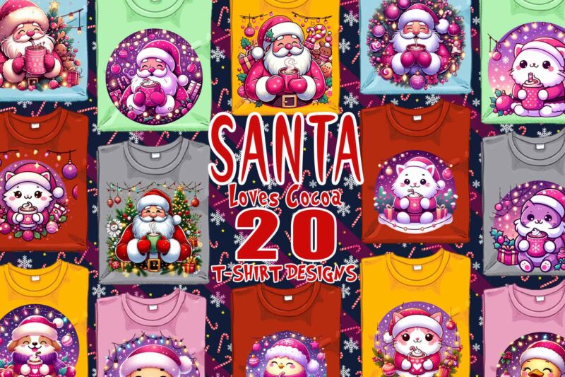 Colourful Santa Claus Cocoa Party t-shirt design bundle of 20 designs – download instantly Retro Vintage T-shirt Illustration Clipart Bundle
