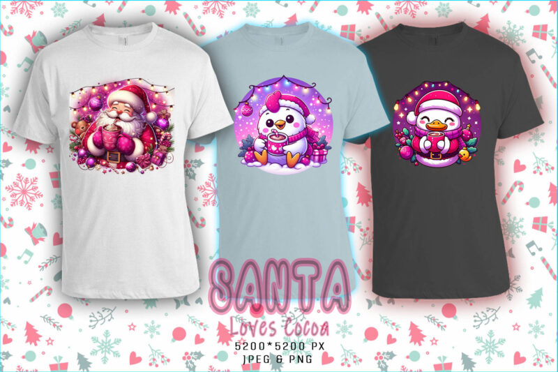 Colourful Santa Claus Cocoa Party t-shirt design bundle of 20 designs – download instantly Retro Vintage T-shirt Illustration Clipart Bundle