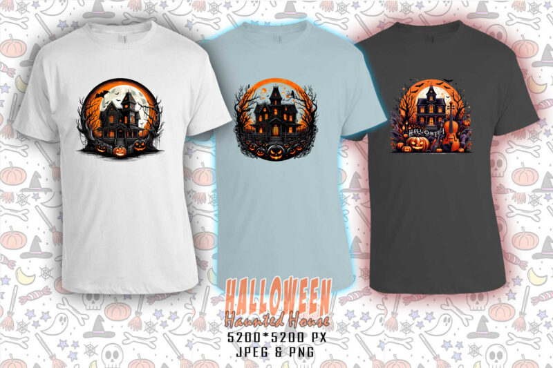 Colourful Halloween Haunted House Party t-shirt design bundle of 20 designs