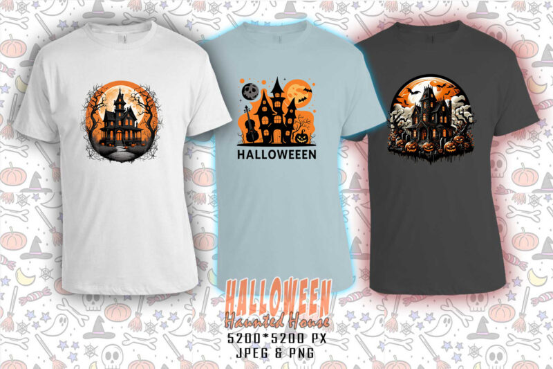 100 Halloween Haunted House t-shirt design bundle of 100 designs – download instantly Retro Vintage T-shirt Illustration Clipart Bundle