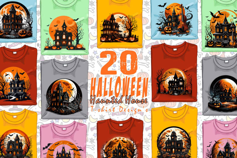 Colourful Halloween Haunted House Party t-shirt design bundle of 20 designs