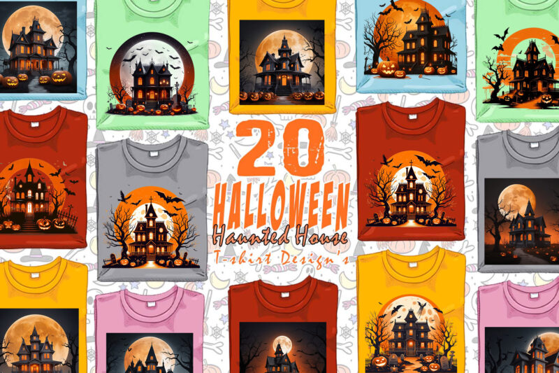 Haunted House Magical Party of Halloween Cute Ghost t-shirt design bundle of 20 designs – download instantly Retro Vintage Tee