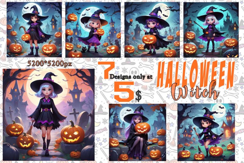 7 Halloween Spooky Cartoon Witch Ghost t-shirt design bundle – download instantly