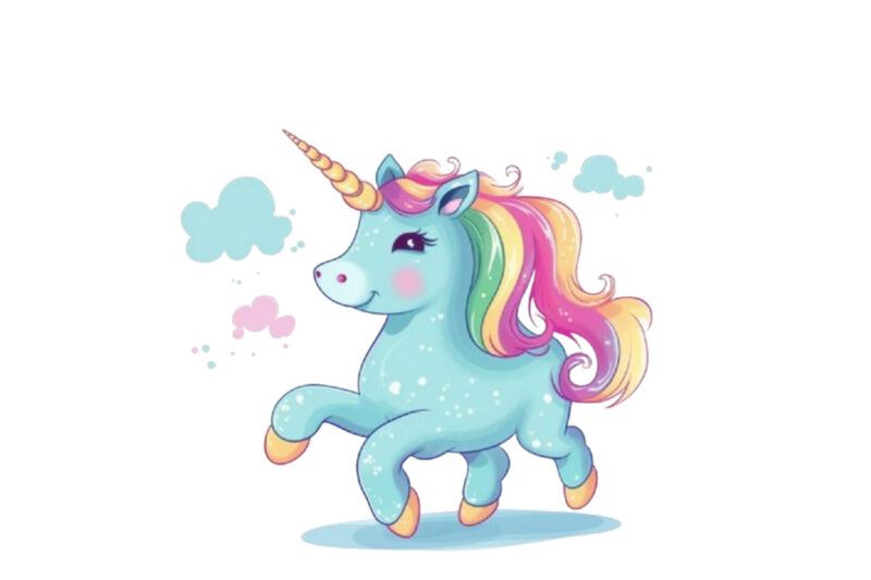 Beautiful cute unicorn runs on rainbow