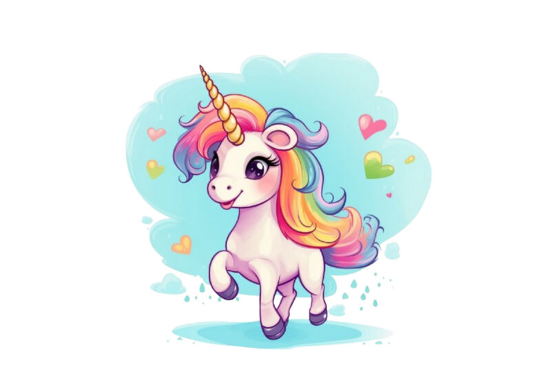 Beautiful cute unicorn runs on rainbow