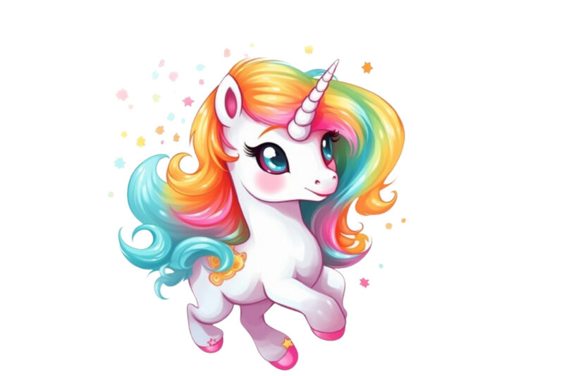 Beautiful cute unicorn runs on rainbow