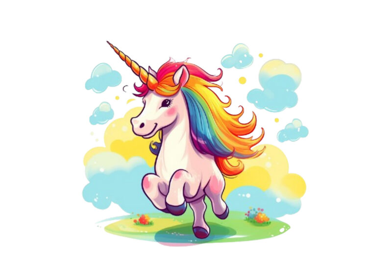 Beautiful cute unicorn runs on rainbow