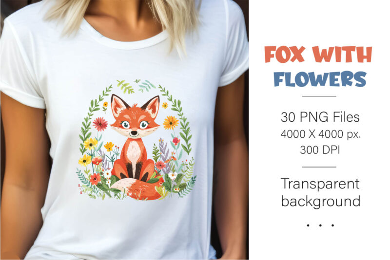 Fox with flowers. TShirt Sticker.