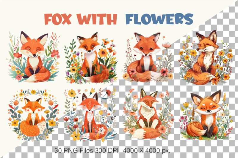 Fox with flowers. TShirt Sticker.