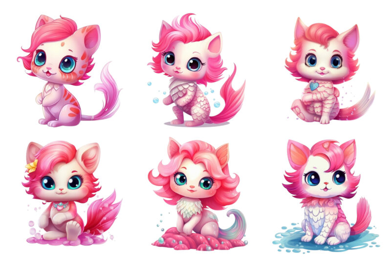 Cartoon mermaid kitten with rainbow