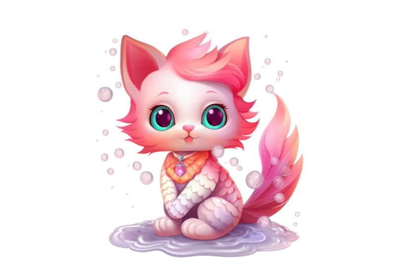 Cartoon mermaid kitten with rainbow