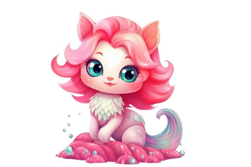 Cartoon mermaid kitten with rainbow