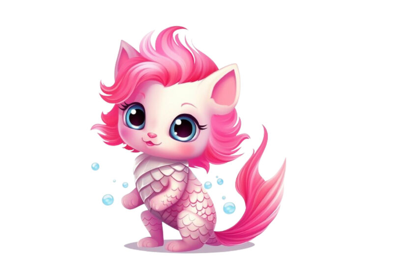 Cartoon mermaid kitten with rainbow