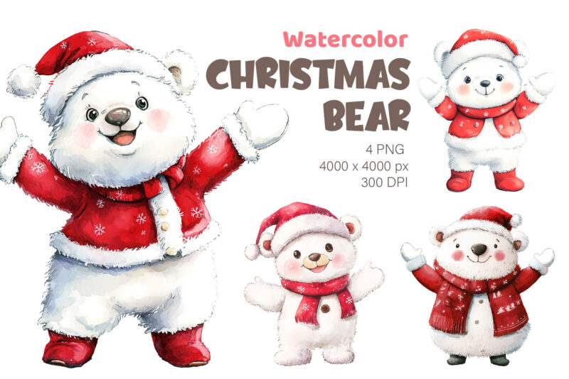 Christmas Bear. Watercolor PNG.