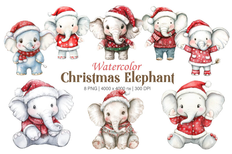 Christmas Elephant. Watercolor PNG.