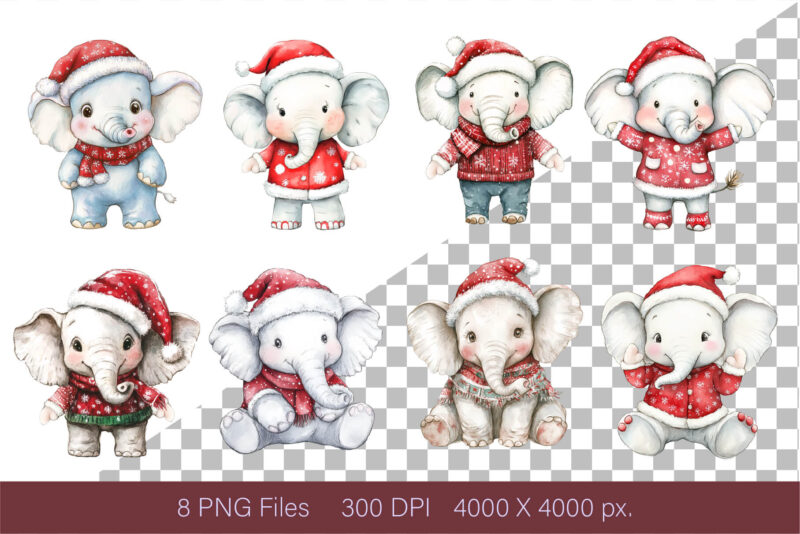 Christmas Elephant. Watercolor PNG.