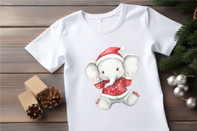 Christmas Elephant. Watercolor PNG.