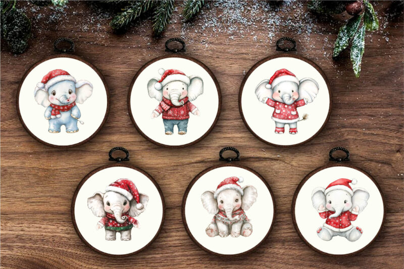 Christmas Elephant. Watercolor PNG.