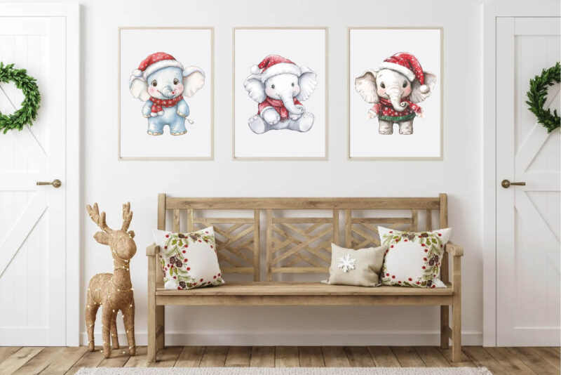 Christmas Elephant. Watercolor PNG.