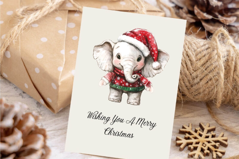 Christmas Elephant. Watercolor PNG.
