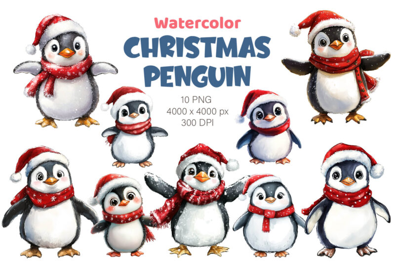 Christmas Penguin. Watercolor PNG.