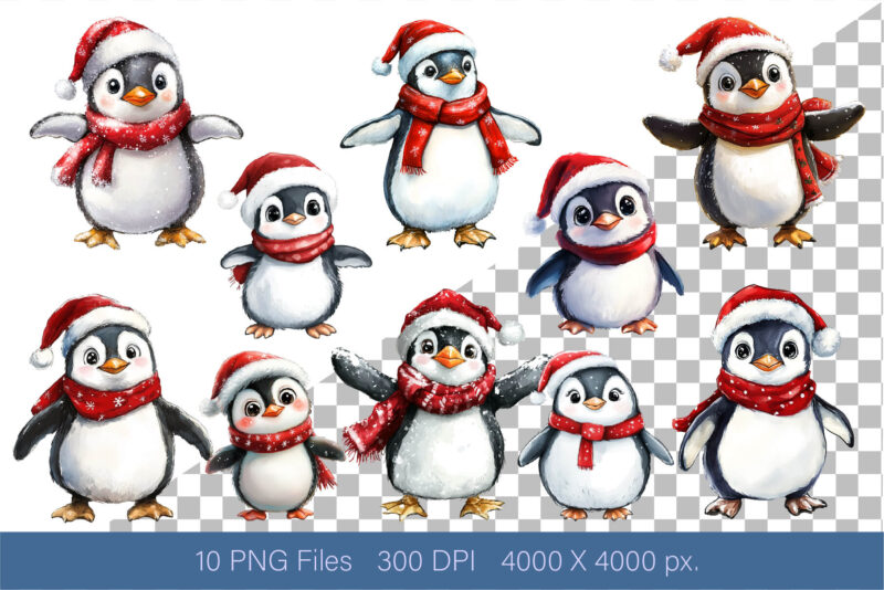 Christmas Penguin. Watercolor PNG.