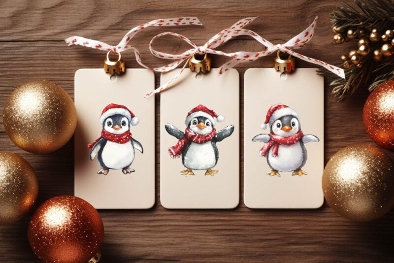 Christmas Penguin. Watercolor PNG.