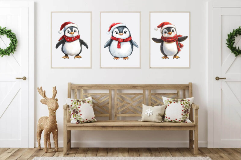 Christmas Penguin. Watercolor PNG.