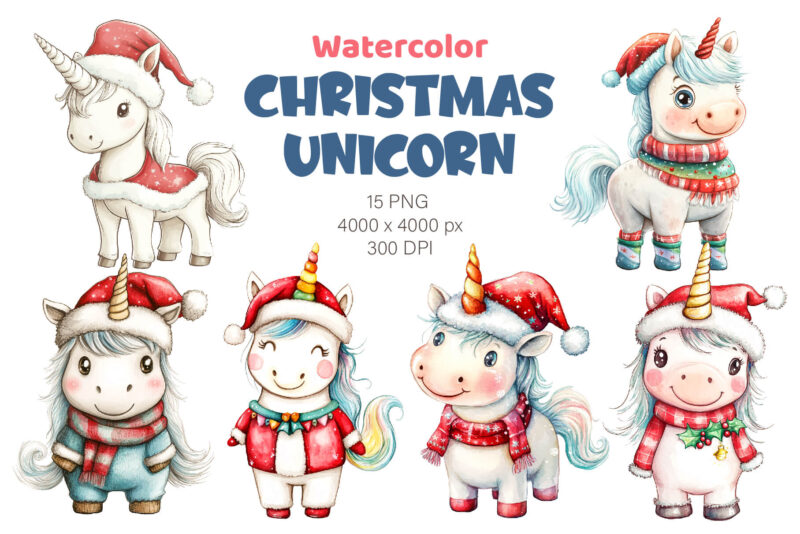 Christmas Unicorns. Watercolor PNG.