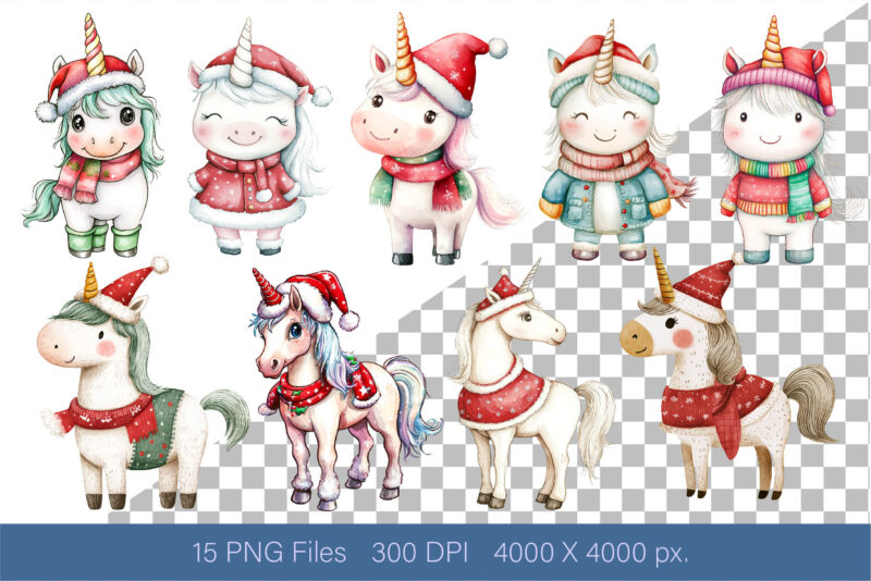 Christmas Unicorns. Watercolor PNG.