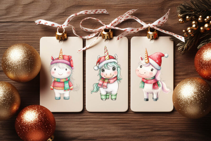 Christmas Unicorns. Watercolor PNG.