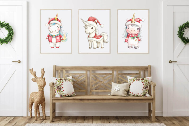 Christmas Unicorns. Watercolor PNG.