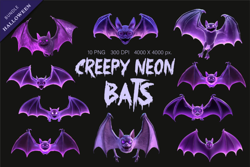 Creepy Neon Bats. Halloween Mascot.