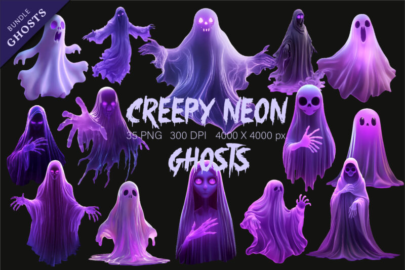 Creepy Neon ghosts. Halloween Mascot.