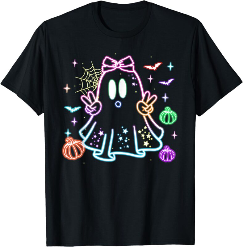 Cute Colorful Neon Boo Ghost Halloween Spooky Season Kids T-Shirt