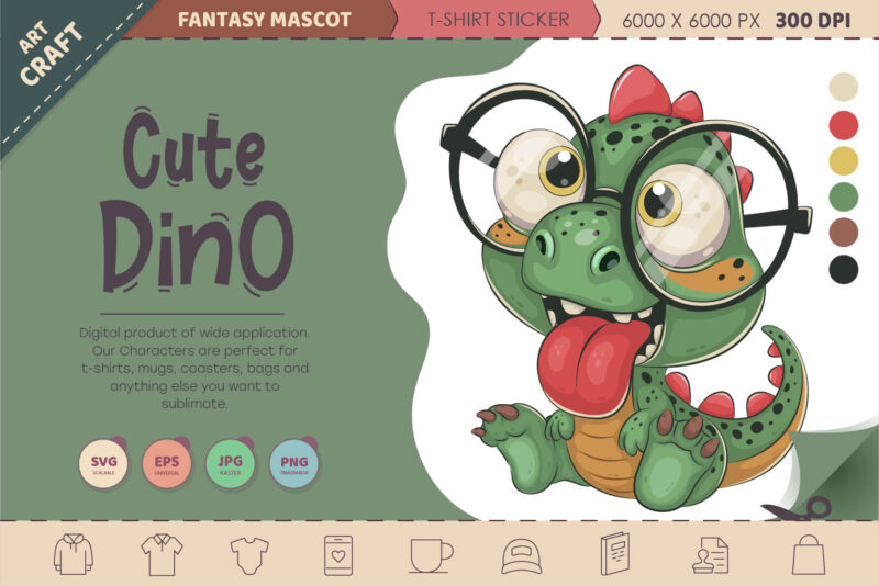 Cute cartoon dino. T-Shirt, PNG, SVG.
