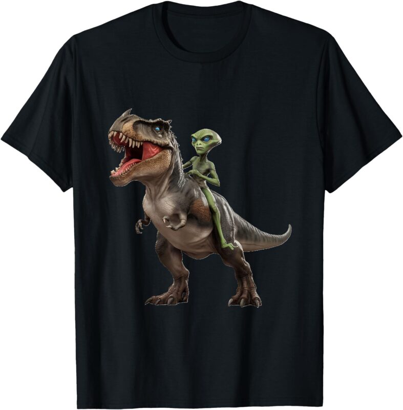FUNNY GREEN SPACE ALIEN RIDING T-REX DINOSAUR FLYING SAUCER T-Shirt