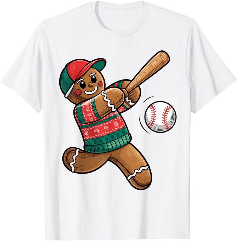 Funny Gingerbread Playing Baseball Christmas Lights Xmas PJS T-Shirt