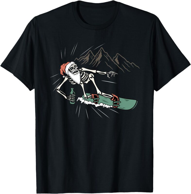 Funny HAPPY Chrismast Skeleton Surfing Skating Skateboard T-Shirt