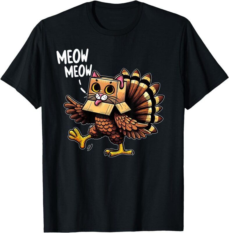 Funny Turkey Cat Meow Men Women Kids Happy Thanksgiving Day T-Shirt