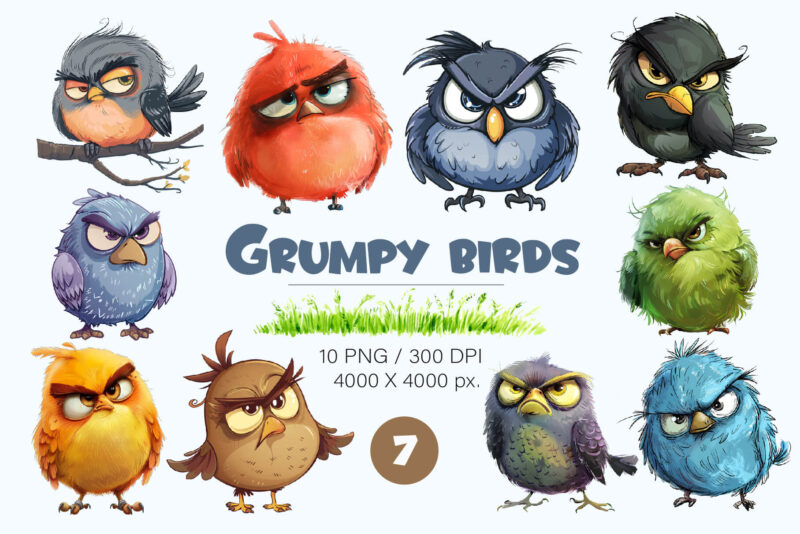 Grumpy cute birds 07. TShirt Sticker.
