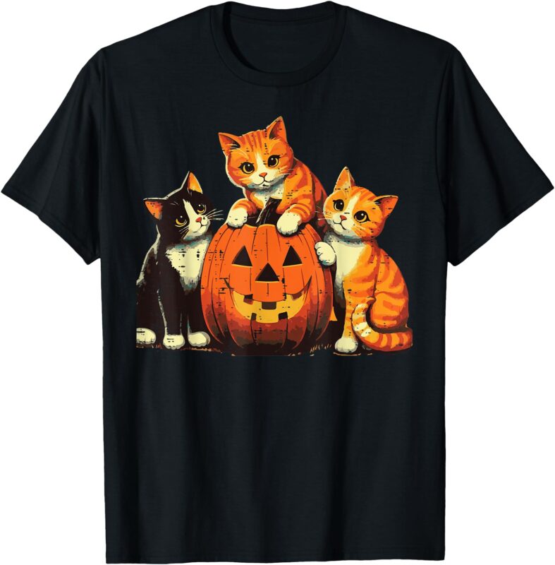 Halloween Cats Around Pumpkin Retro Costume Women Girls Kids T-Shirt