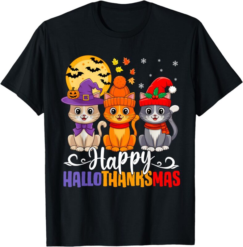 Halloween Thanksgiving Christmas Happy HalloThanksMas Cats T-Shirt