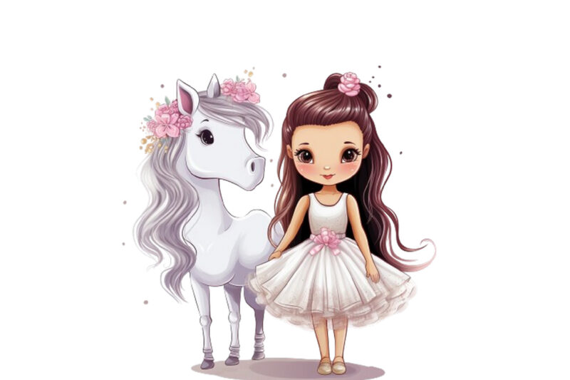 Hand drawn beautiful cute girl with little unicorn